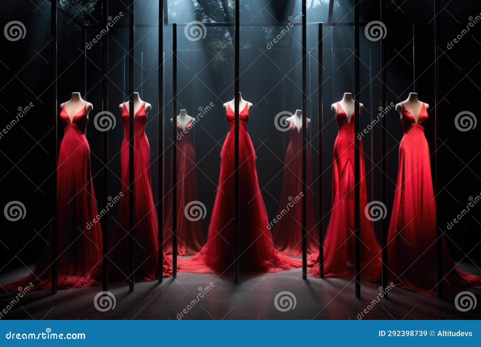 Rack of Evening Dresses with a Spotlight Highlighting a Red Gown Stock