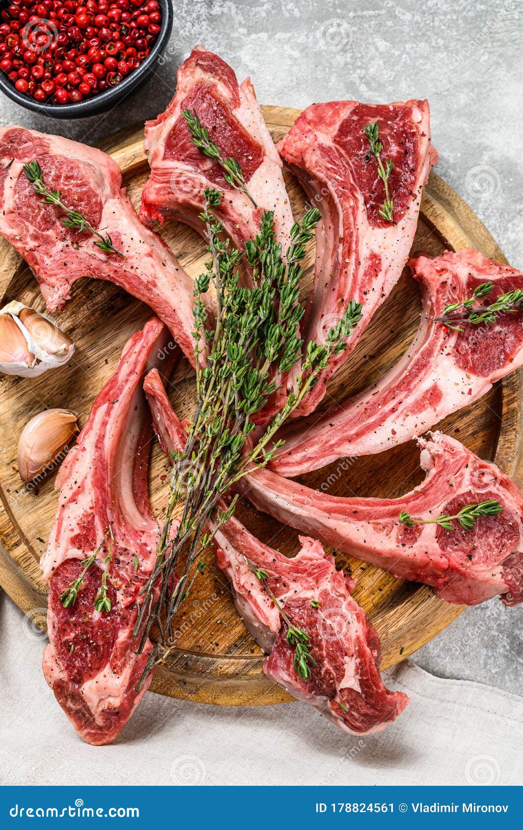 Rack of Lamb , Raw Meat with Bone, Chops with Salt, Pepper. Gray