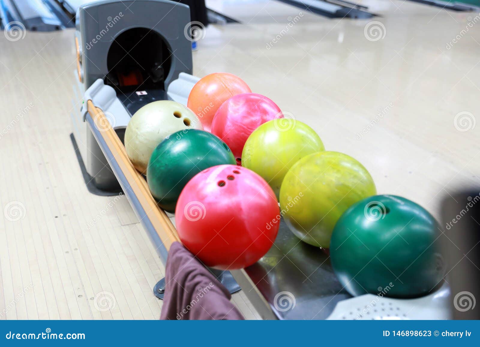 A Rack of Old Worn Bowling Balls Stock Image Image of closeup