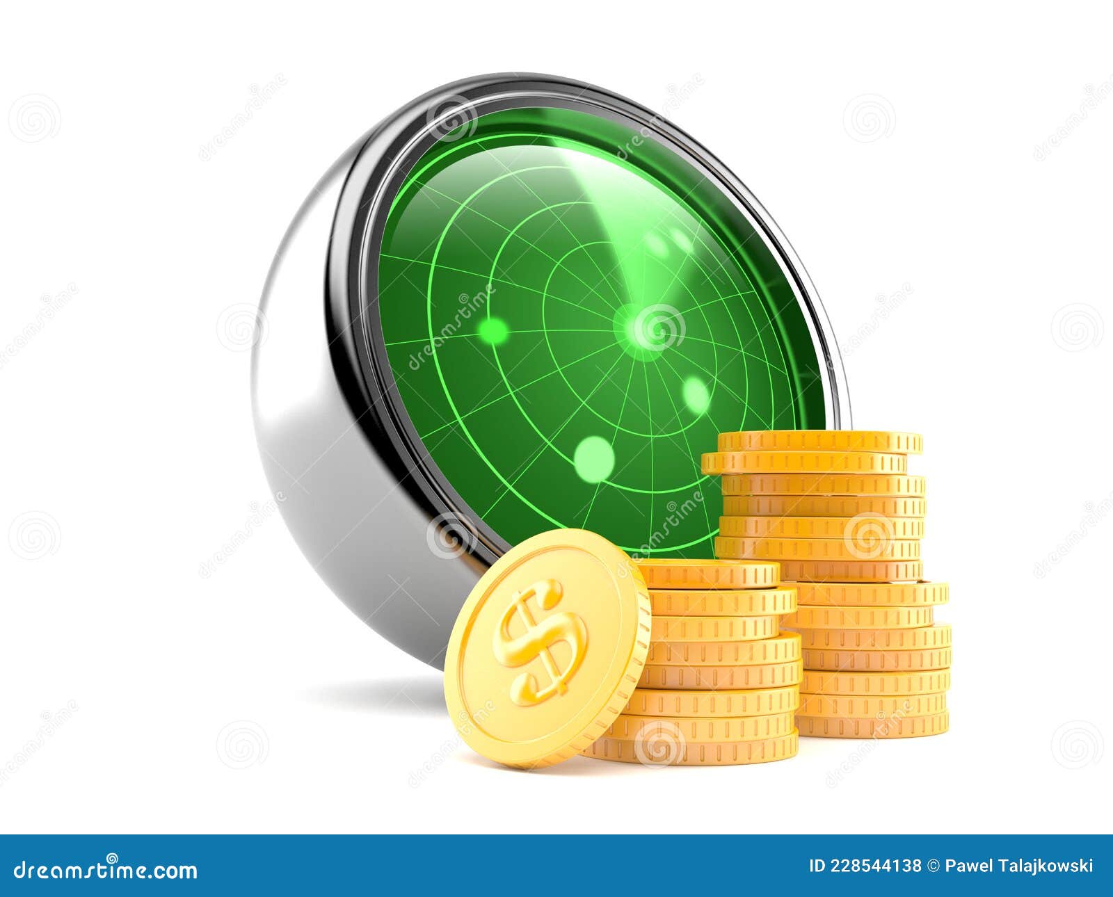 Radar with stack of coins stock illustration. Illustration of valuable