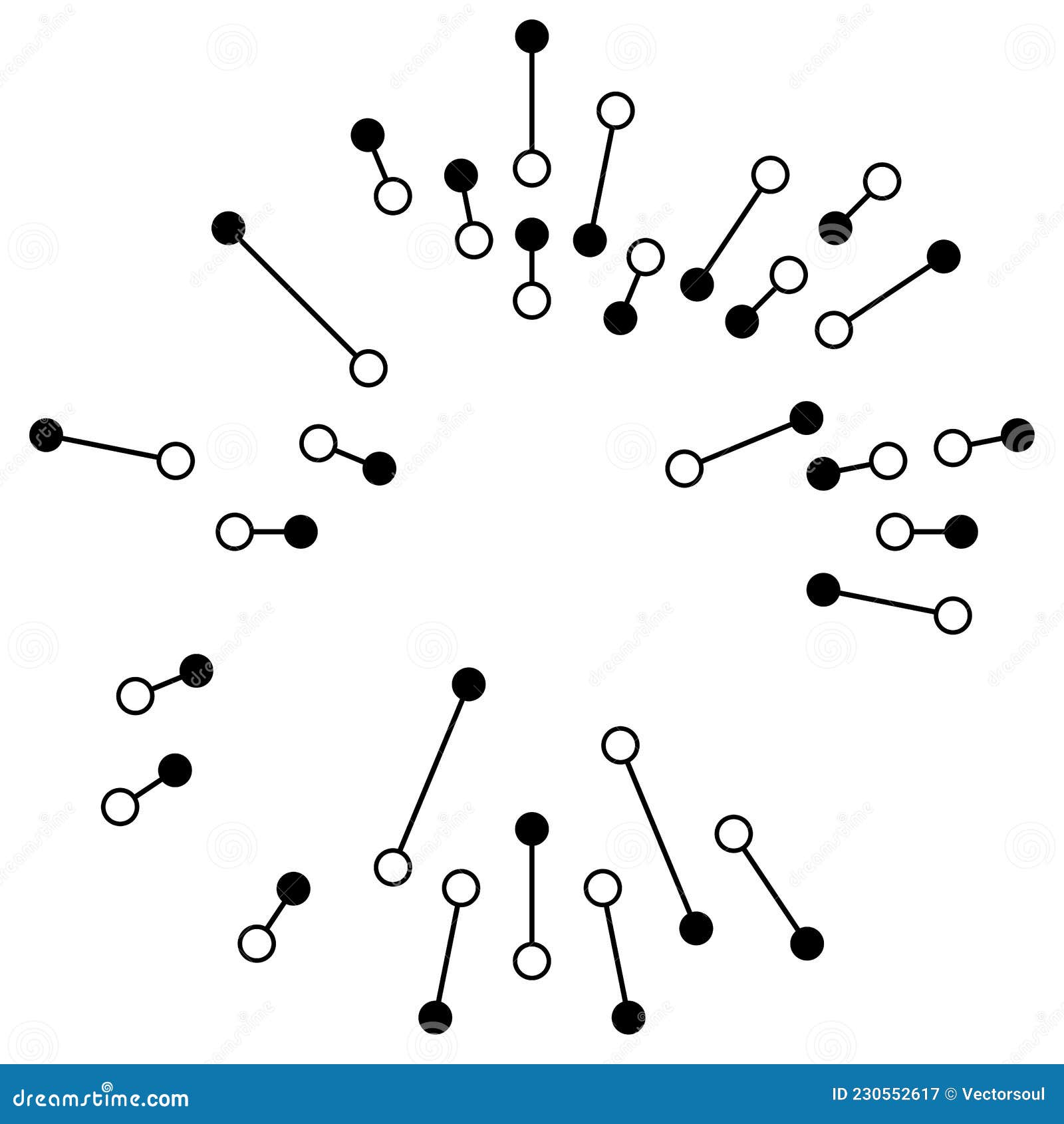 radial, radiating lines with nodes, nodal points