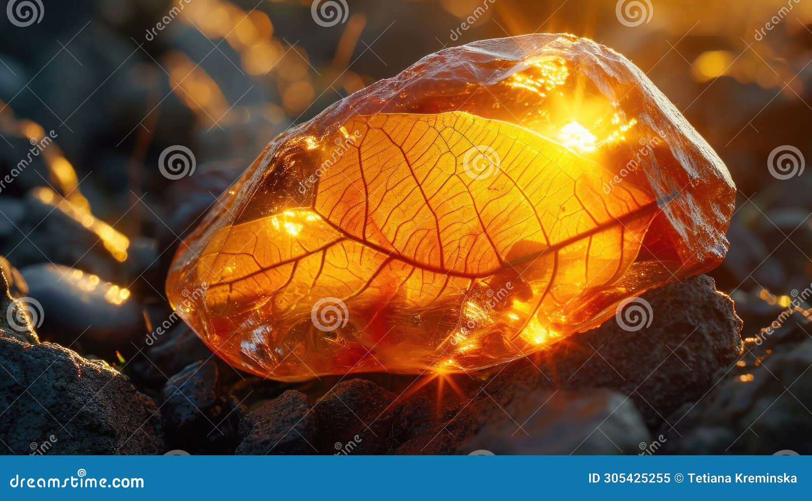 a radiant amber stone, sunlight passing through to reveal a delicate prehistoric leaf trapped for millennia, the warm