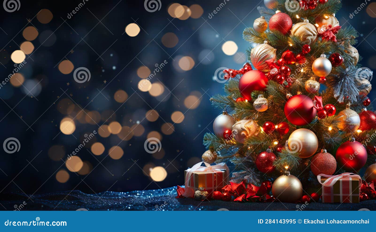 Radiant Festivities Christmas Tree with Baubles and Blurred Shiny Lights, Illuminating the 