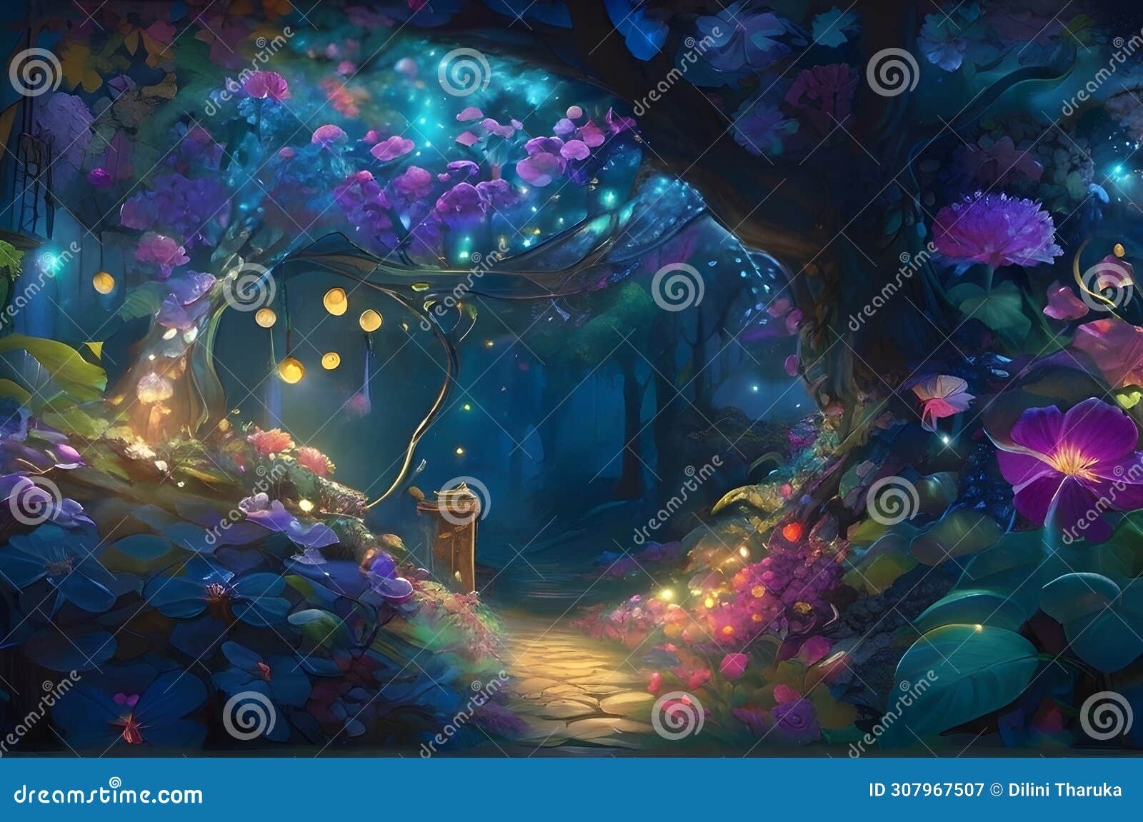 a radiant garden using glowing lights. employ a variety of colors to depict blooming flowers, twisting vines, and create a