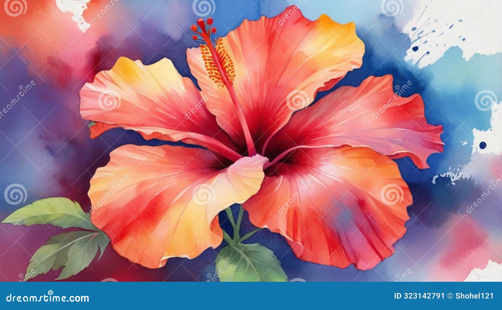 radiant red hibiscus in dreamy watercolor with soft blue and purple hues