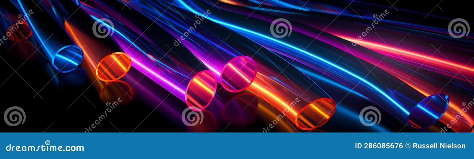 ultra-wide background of hollow neon tubes on a black background (generative ai)