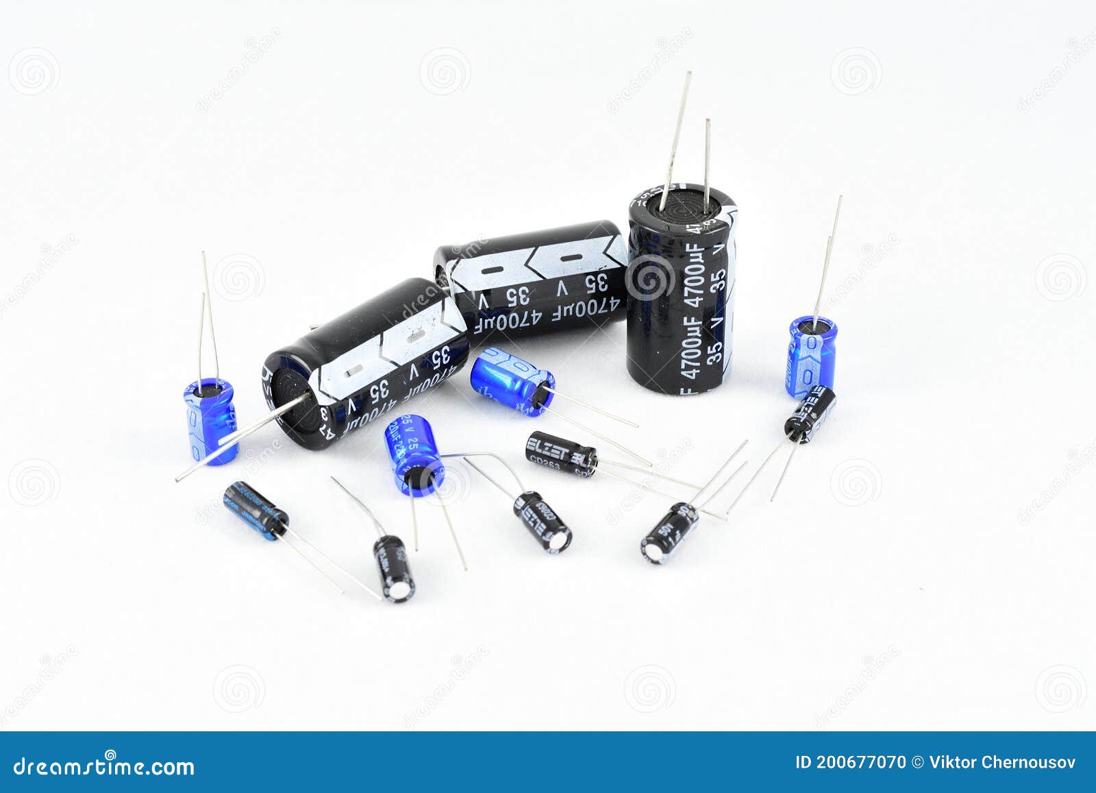 Radio Components, Vintage, Electrolytic Capacitors, Different Capacity, Blue, Black Stock Photo