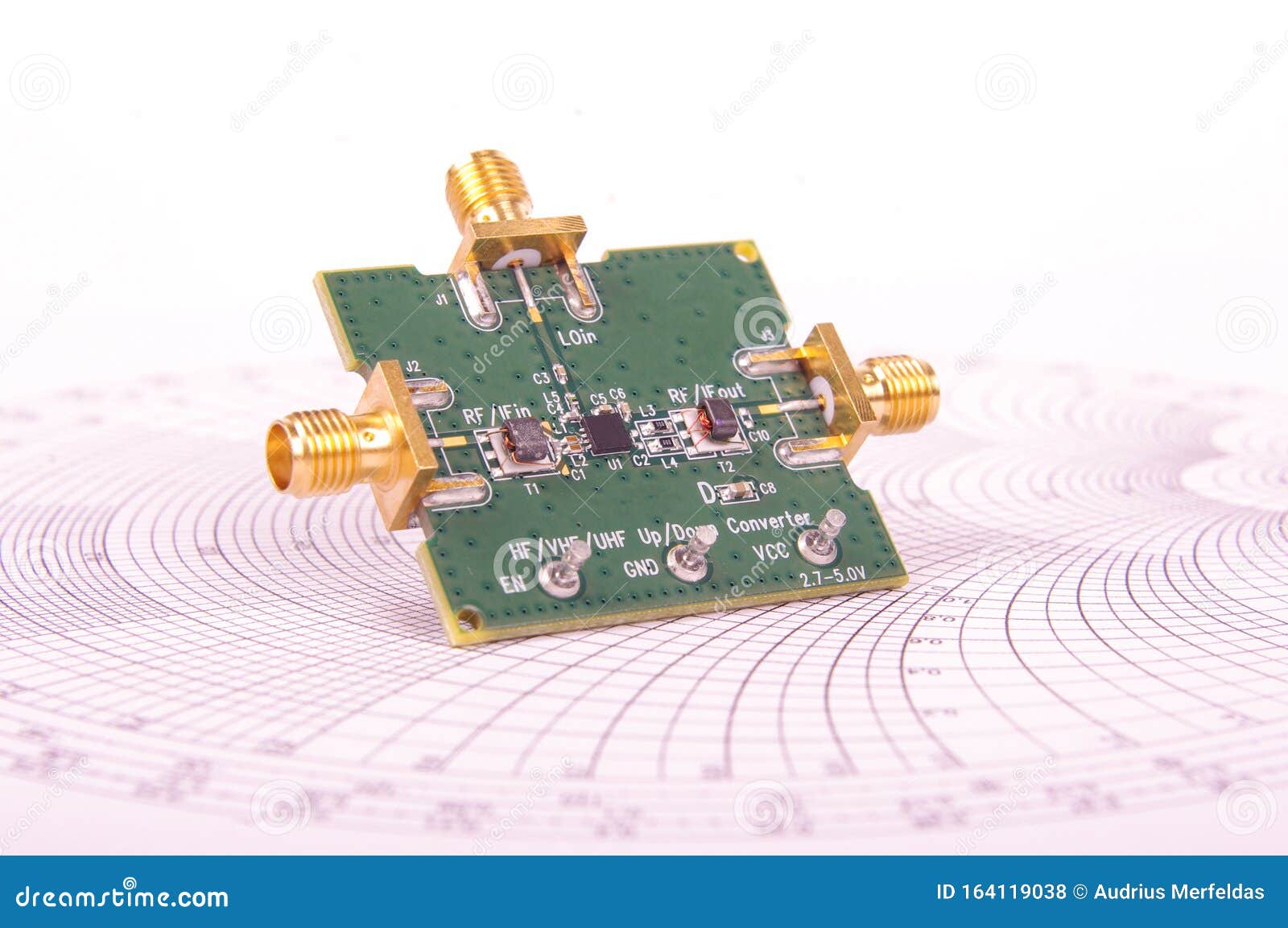 radio frequency mixer pcb in front of smith chart