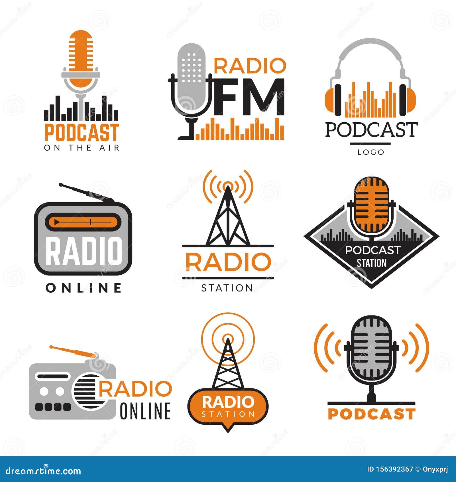 Radio Logo. Podcast Towers Wireless Badges Radio Station Symbols Vector ...