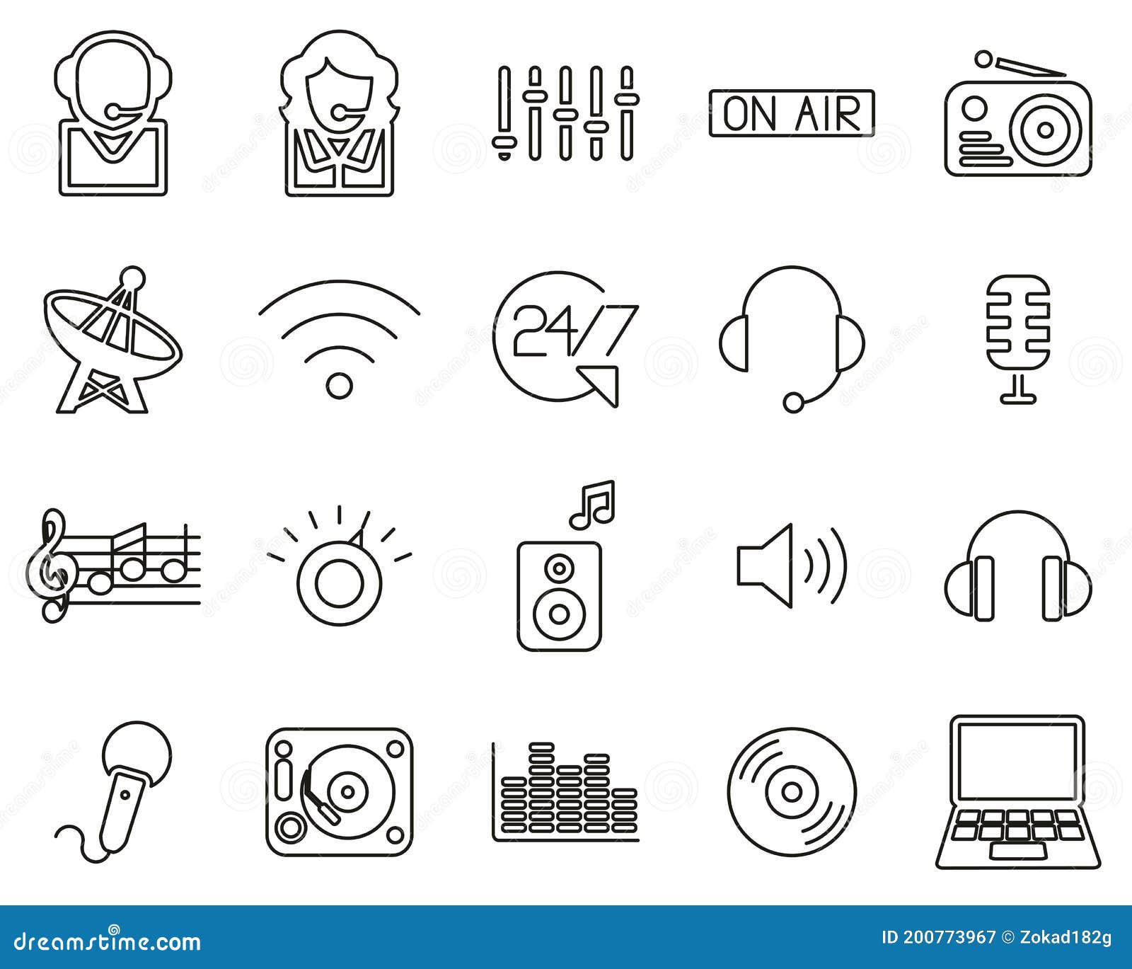 radio station & radio equipment icons black & white thin line set big