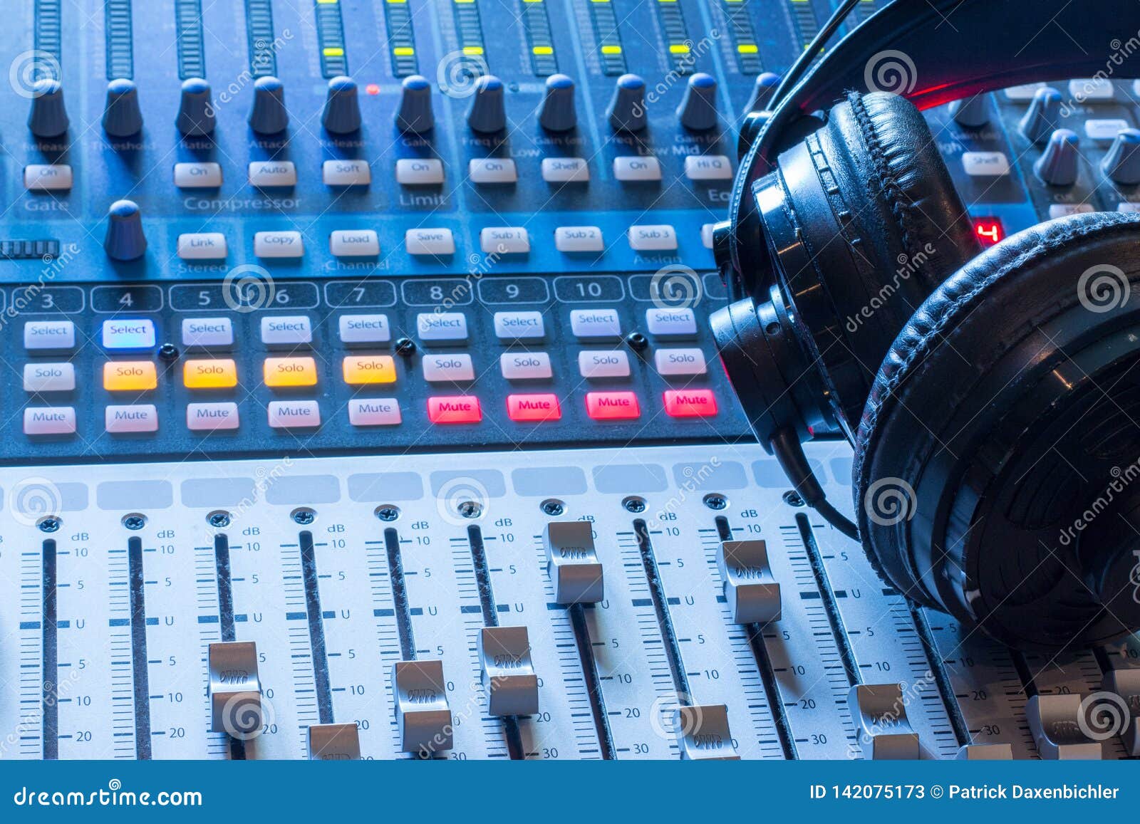 Radio Station Headphones On A Mixer Desk In An Professional Sound