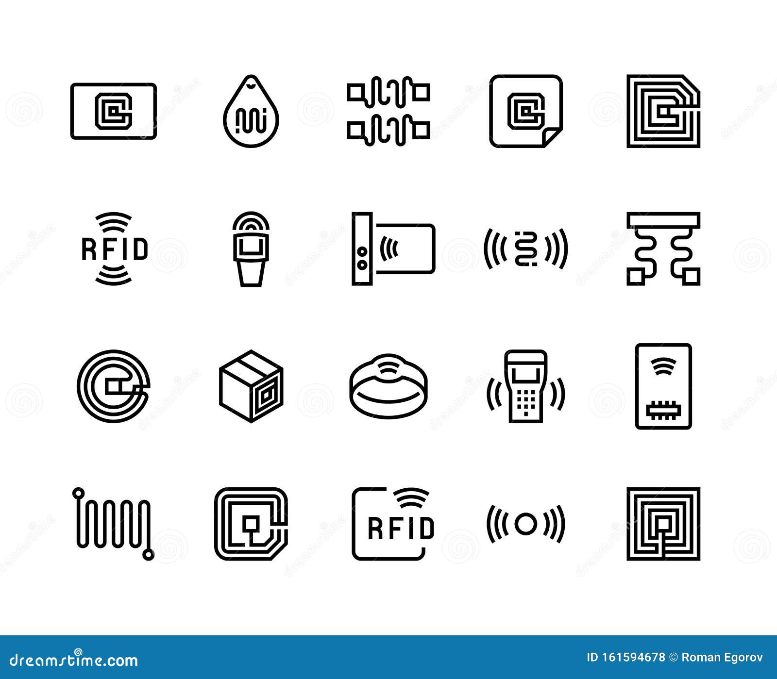 Radio Tag Line Icons. Wireless RFID Chip and Radio-frequency Identification, Wireless and Electric Circuit Stock Vector - Illustration of graphic, furture: 161594678