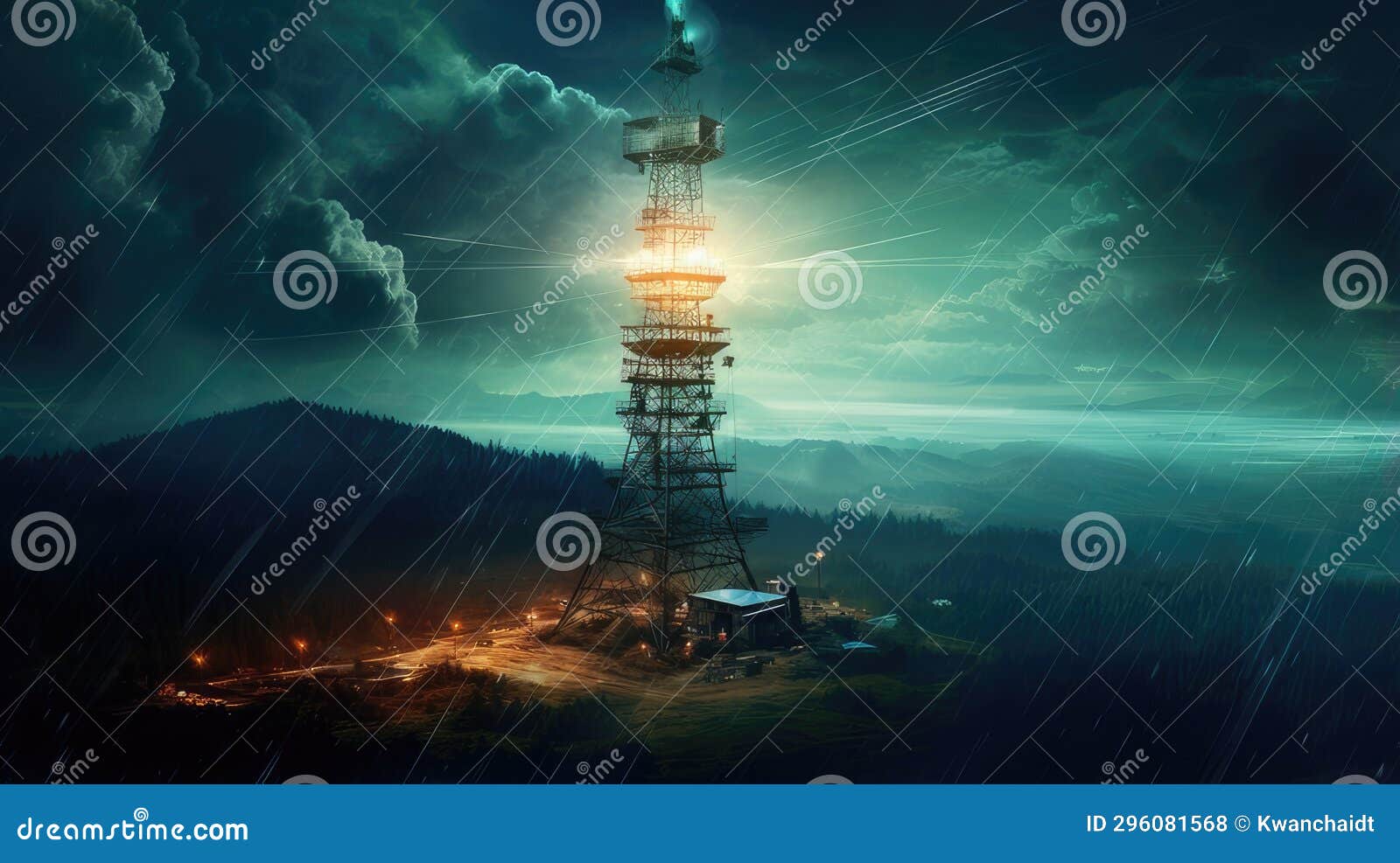 a radio tower emitting signals across the airwaves, izing the transmission of information over long distances