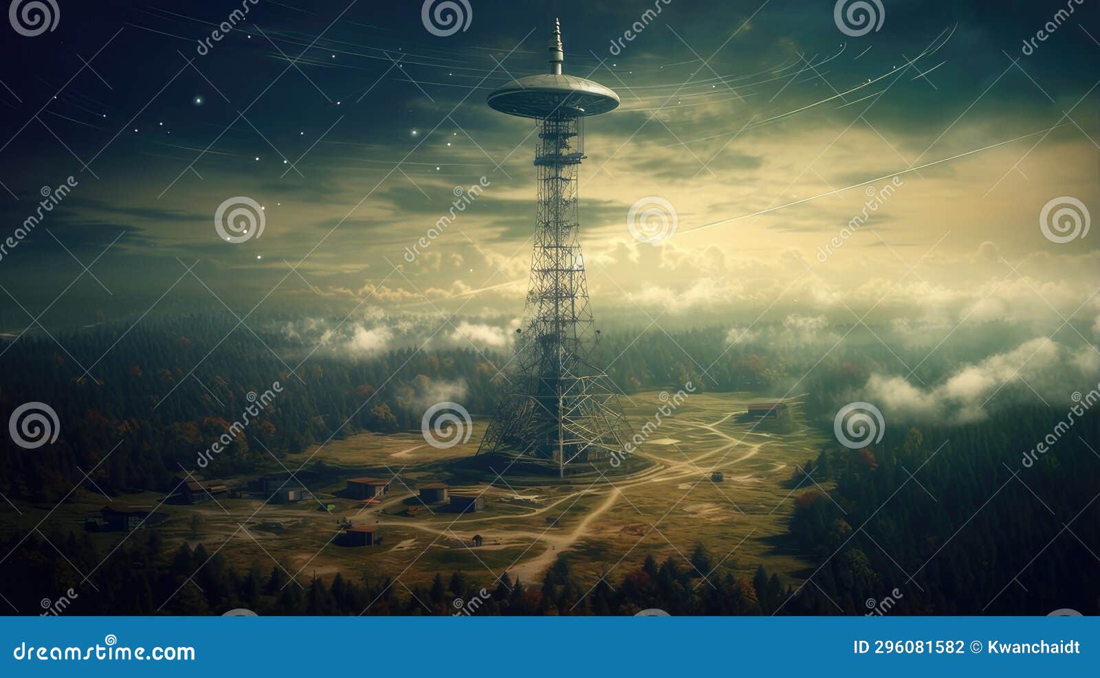 a radio tower emitting signals across the airwaves, izing the transmission of information over long distances