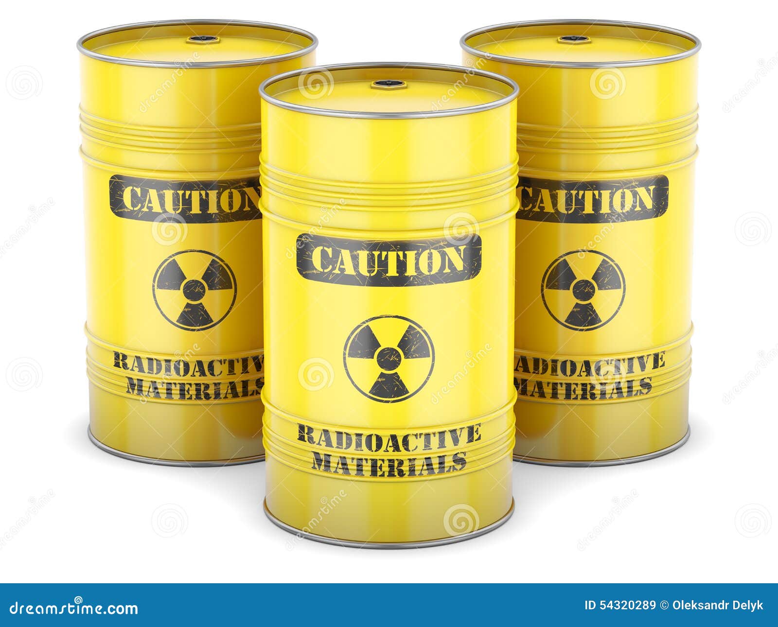 Radioactive Waste Yellow Barrels With Radioactive Symbol Fall On A Blue