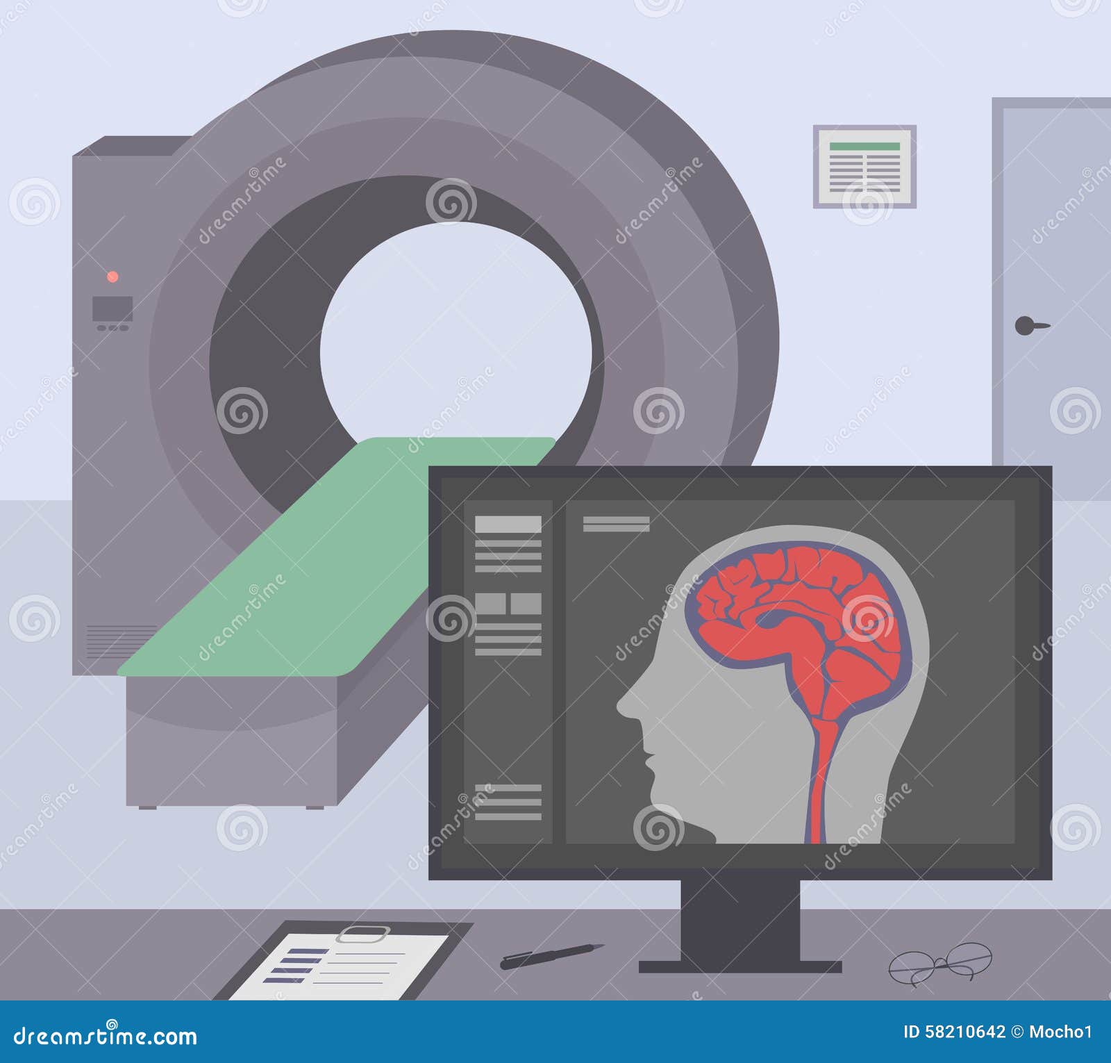 radiologic room with a computer tomograph. mri / ct diagnostic scanner and monitor to scan the human brain on the screen.