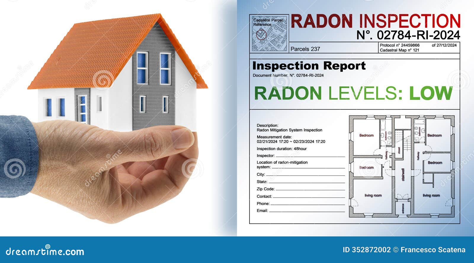 radon inspection report concept - low-level radon exposure - testing report concept with home model