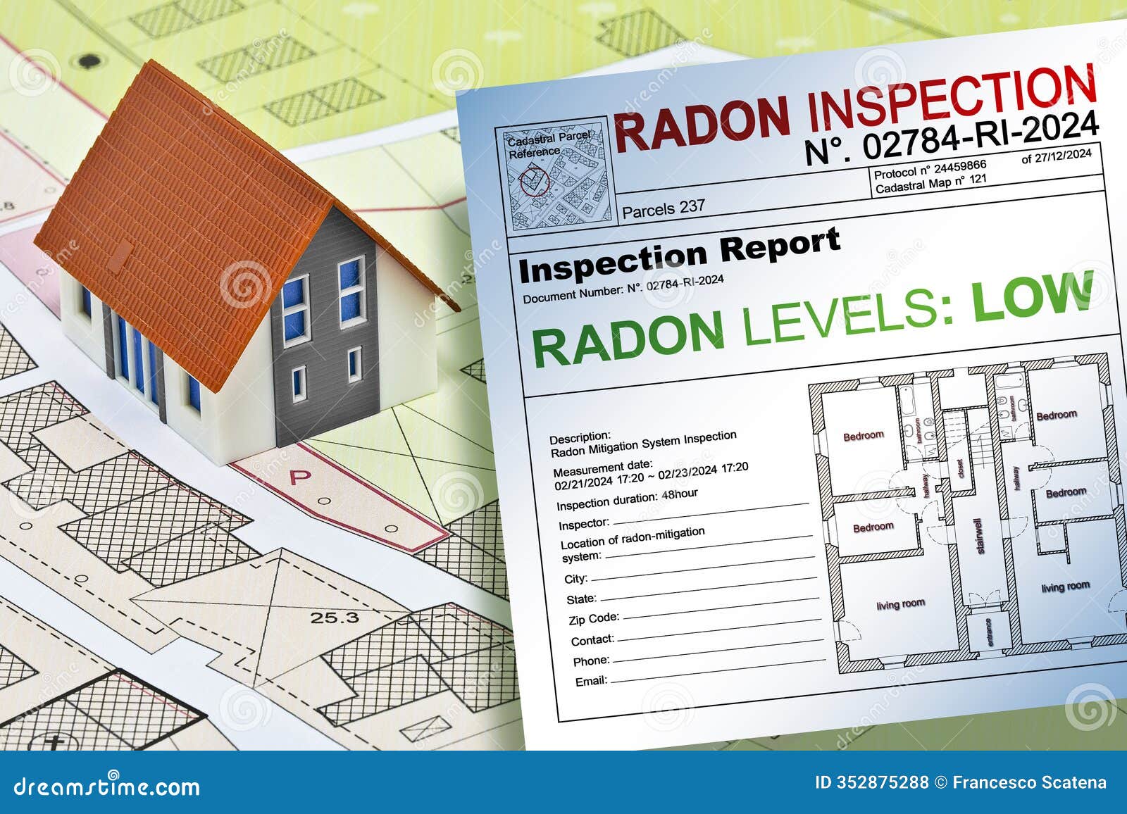 radon inspection report concept - low-level radon exposure - testing report concept with home model