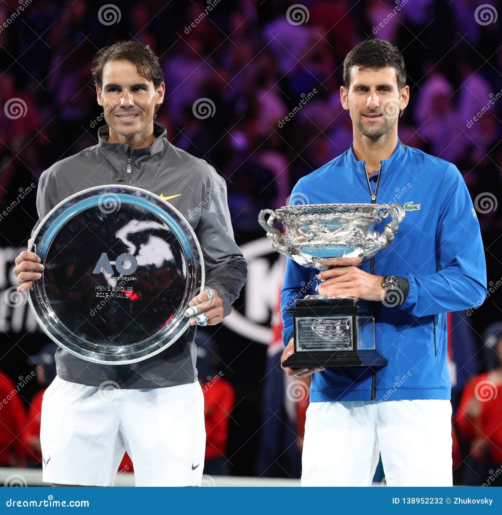 Rafael Nadal of Spain L and 2019 Australian Open Champion Novak Djokovic  during Trophy Presentation after Men`s Final Match Editorial Photography -  Image of park, final: 138952232