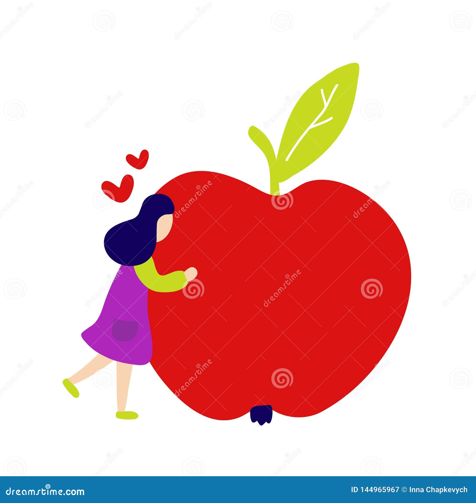 Ragazza che abbraccia grande mela rossa Progettazione piana dell'icona dell'illustrazione di stile di vettore Isolato su priorit? bassa bianca