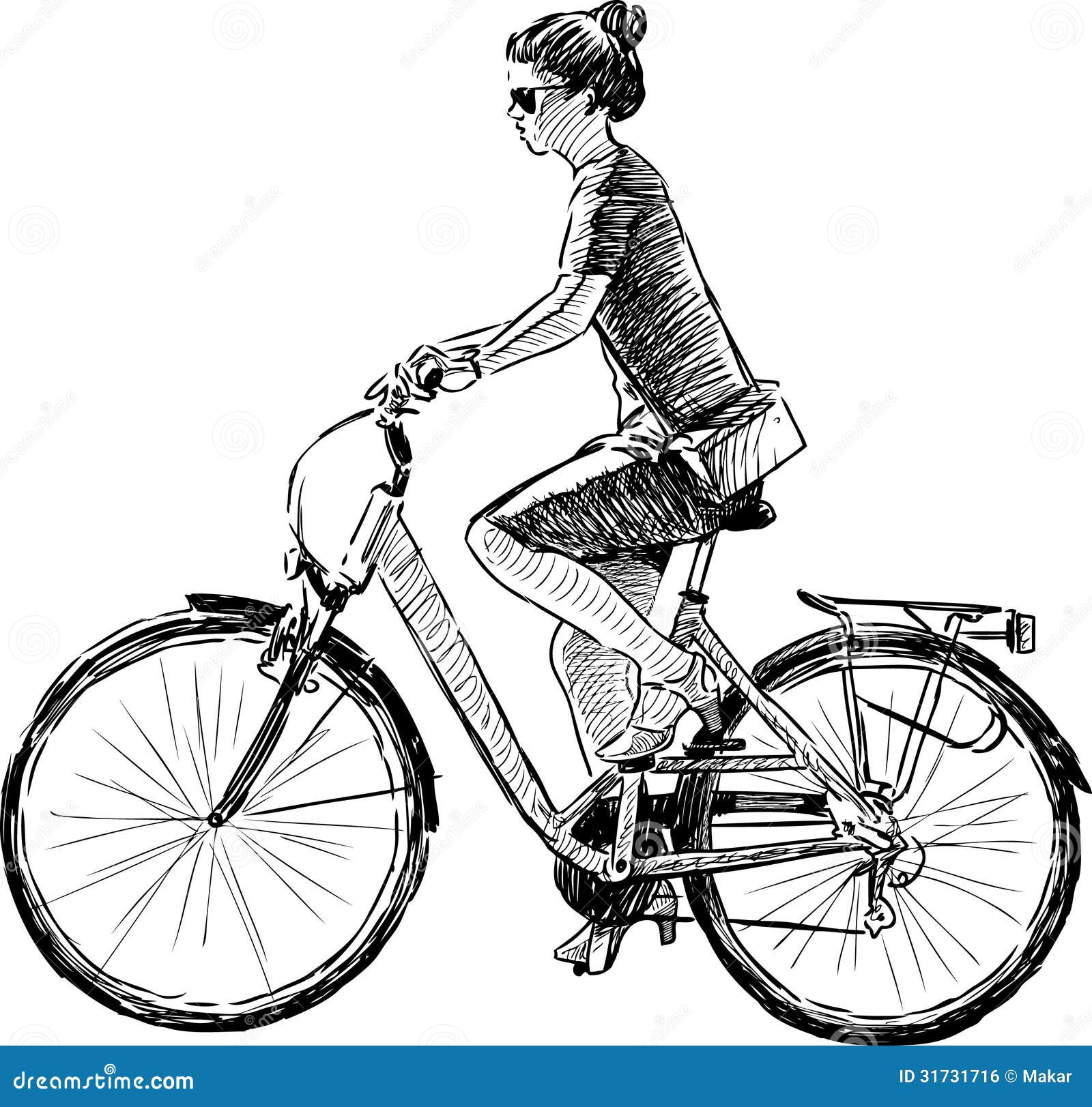 Ragazza che guida una bici. Vector l'immagine di una giovane donna su una bici.