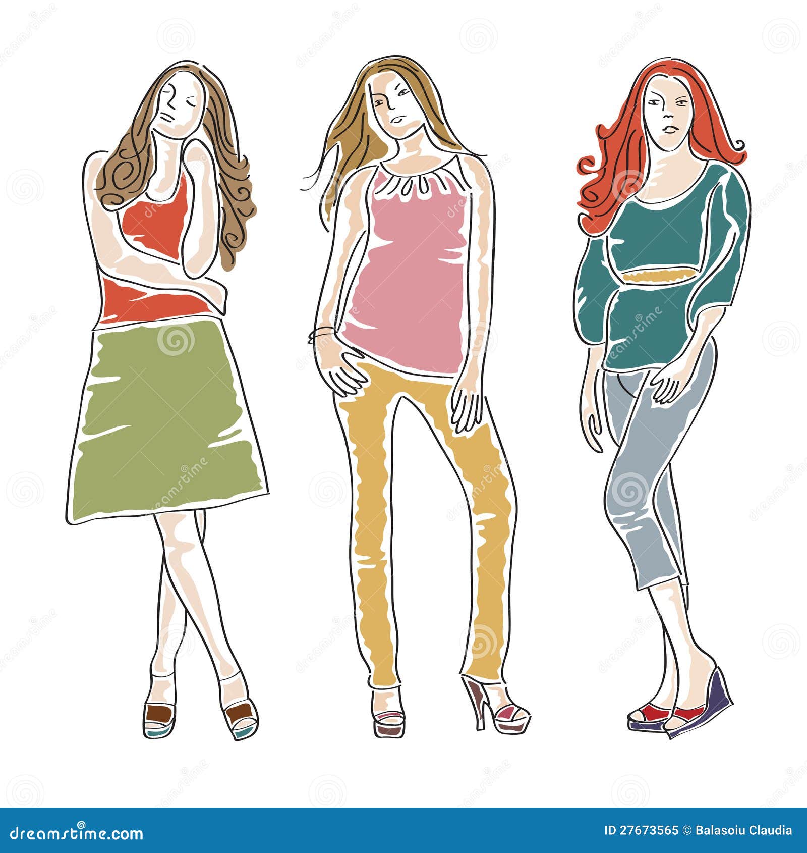 Ragazze disegnate a mano di modo Fotografia Stock Libera da Diritti