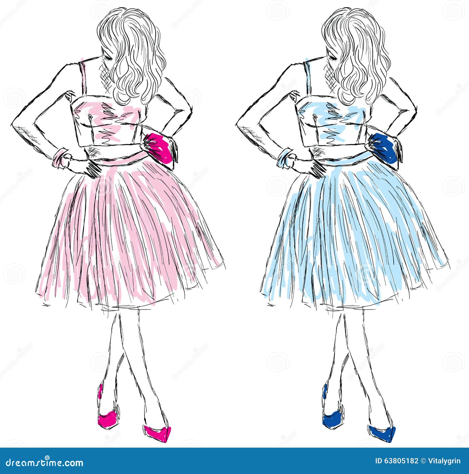 Ragazze in vestiti del figurino blu e rosa Fotografia Stock