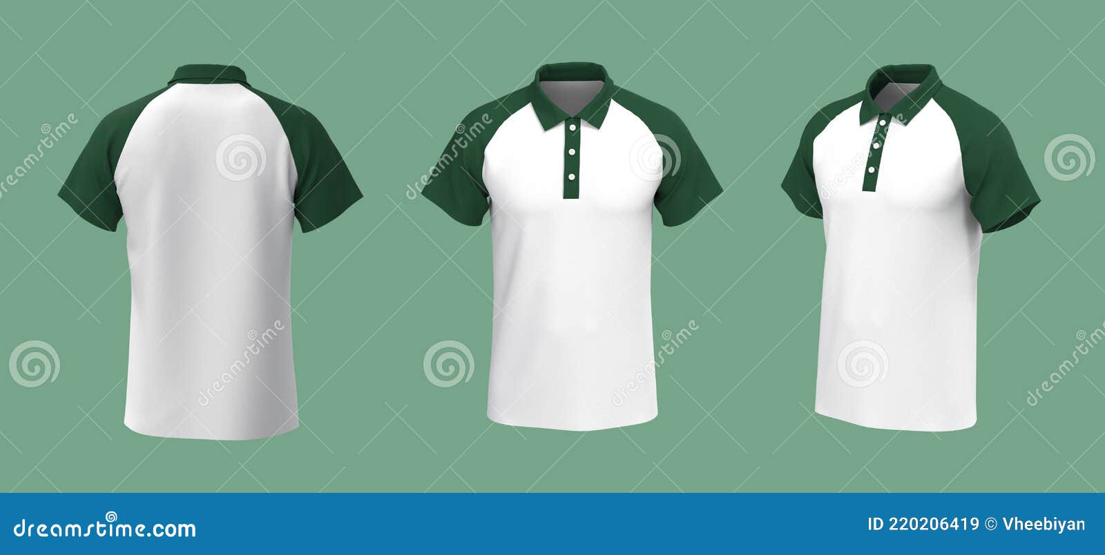 Raglan Collared Shirt Mockup in Front, Back and Side Views. Stock ...