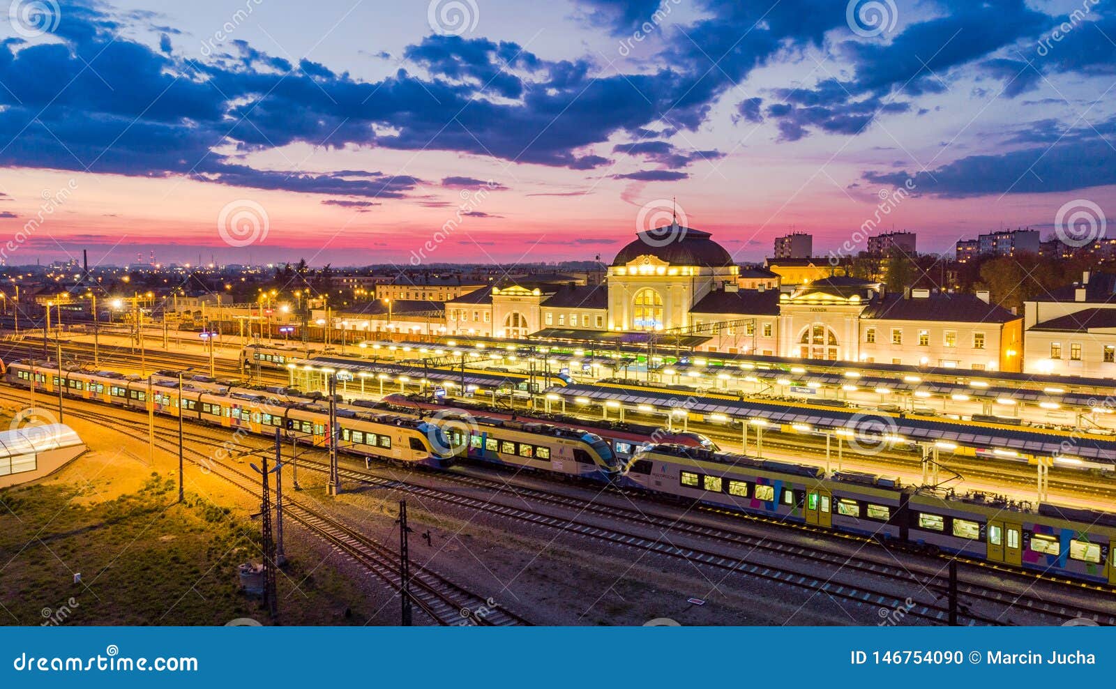 rail station in tarnow,poland illuminated at twilight