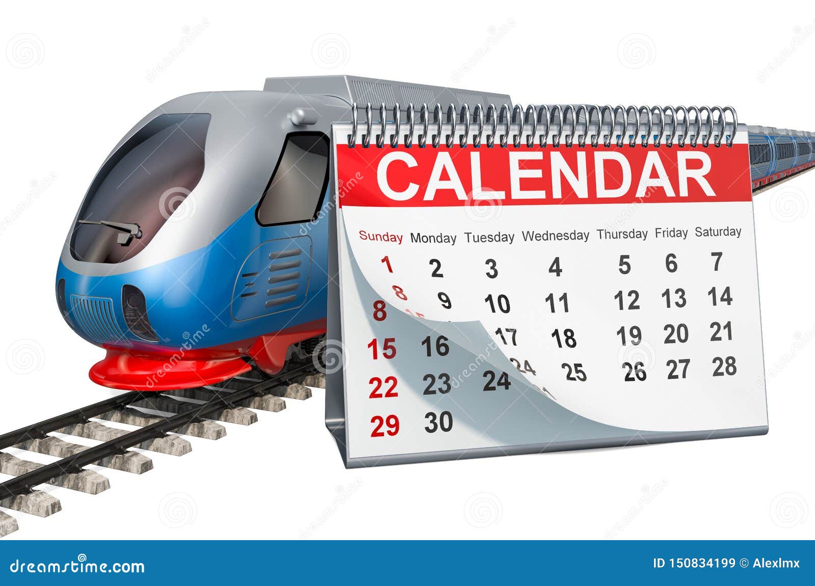 Rail Travel Calendar Concept. Desk Calendar with High Speed Train, 3D