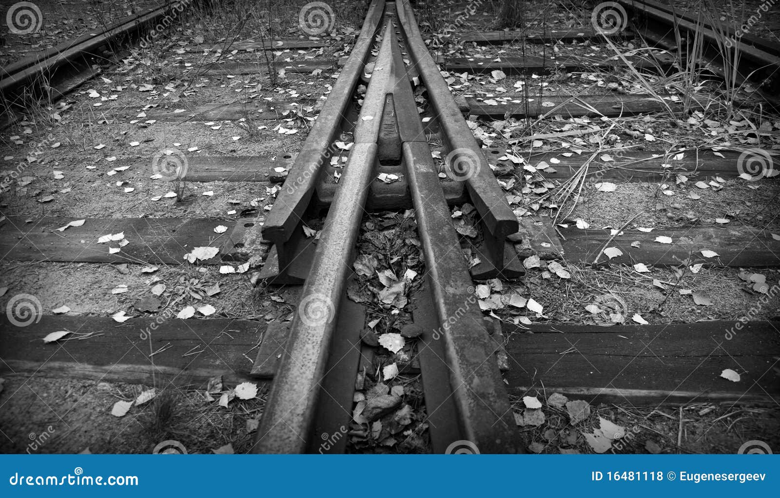 Railroad point. Closeup photo of rails in switch with arrow shape.