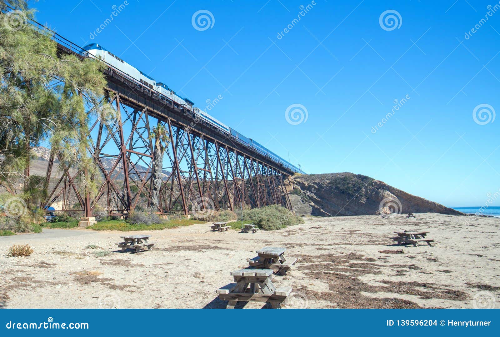 railroad track bridge at gaviota beach on the central coast of california usa