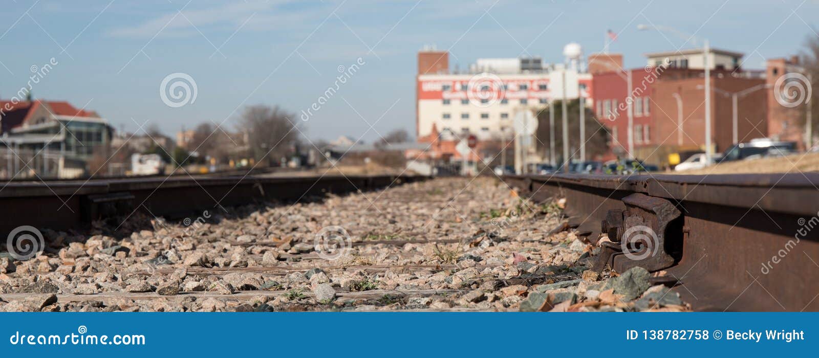 Close Up View of Railroad Tracks in an Urban Setting. Stock Photo