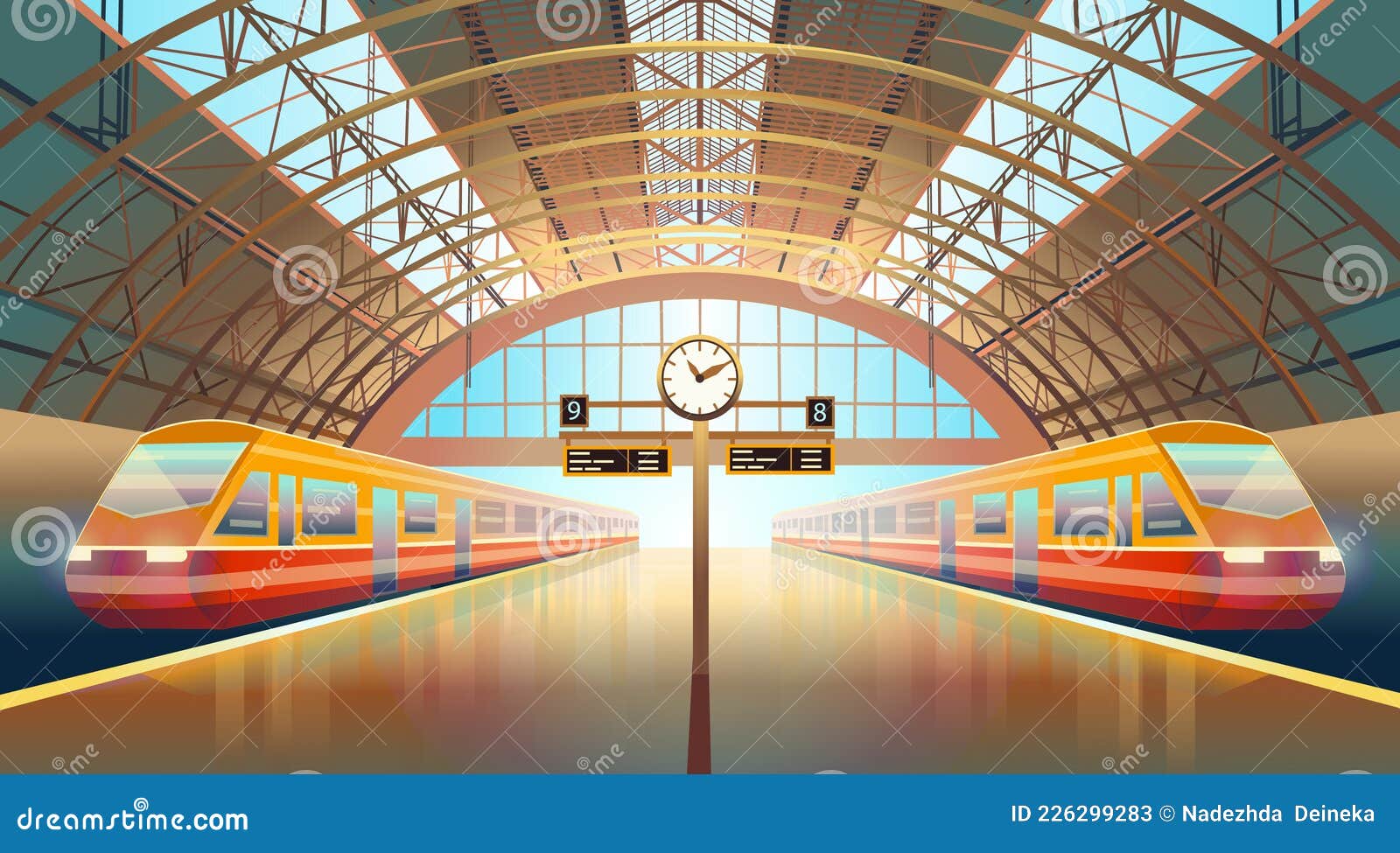 Railway Station Platform with Trains and a Clock Neon Style. Cartoon Vector Illustration Stock Vector - Illustration of speed, landscape: 226299283 Railway Station Platform with Trains and a Clock Neon Style. Cartoon Vector Illustration Stock Vector - Illustration of speed, landscape: 226299283