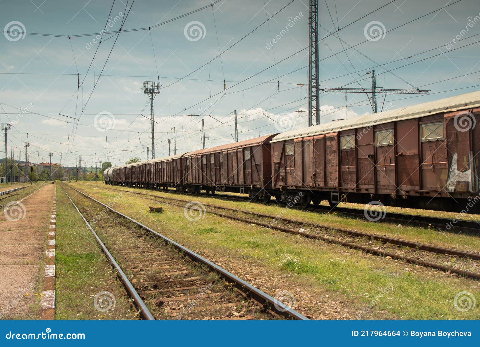 Railway Track with Freight Trains and Nature Stock Photo Image of