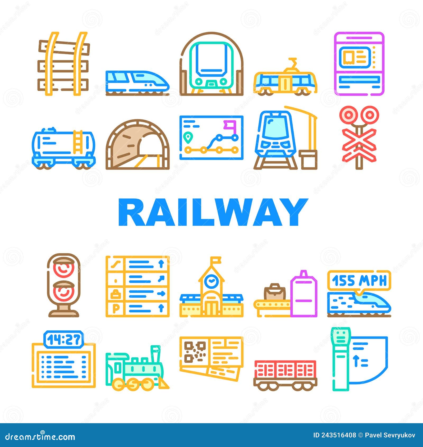 railway train transportation icons set 