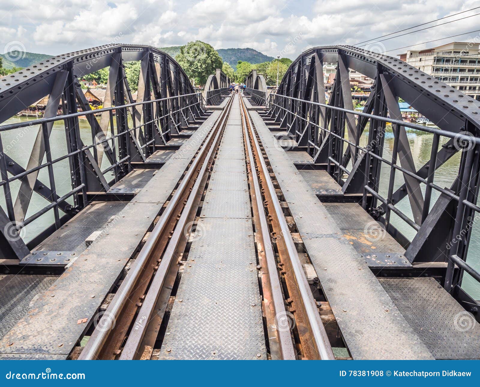 Railway Trains Track on Metal Bridge with the River and Sky Stock Photo