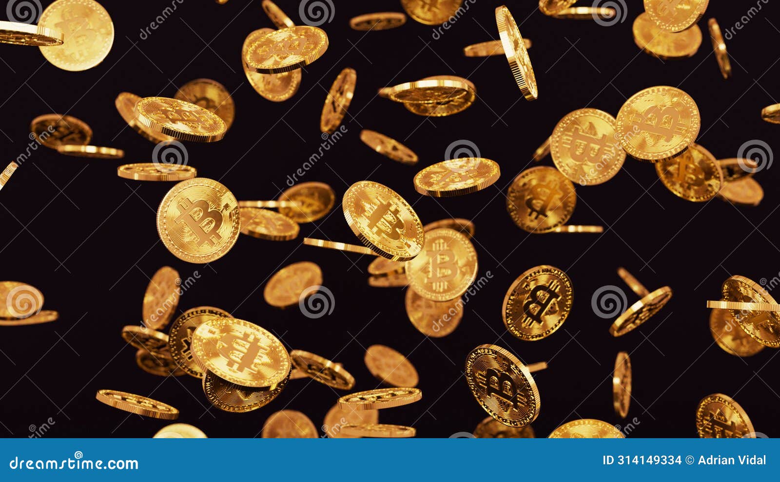 Rain of a Bunch of Golden Bitcoin Coins Falling from Above on a Dark  Background in Realistic 3D Rendering. Cryptocurrency, 2p2 Stock  Illustration - Illustration of golden, investment: 314149334