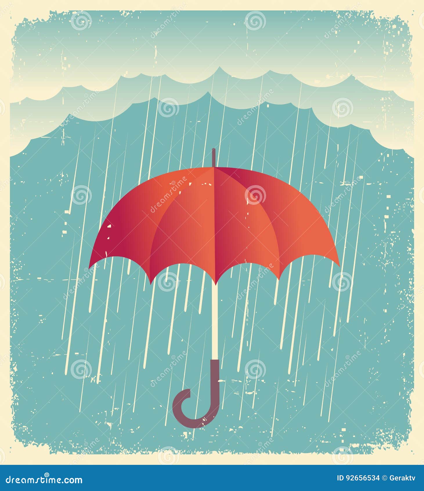 Rain Clouds With Red Umbrella.Vintage Poster On Old Paper Vector