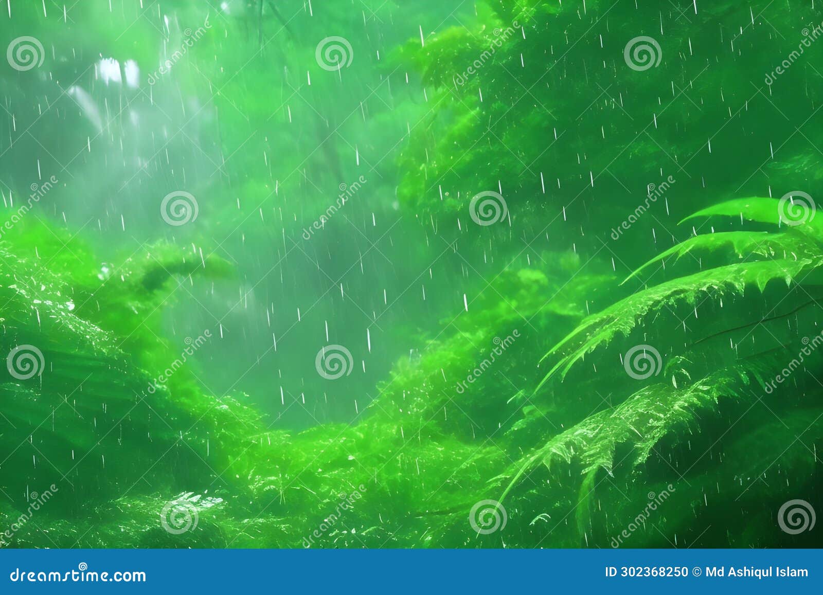 Rain Drops Falling on Green Fern Leaves in Rain Forest. Natural