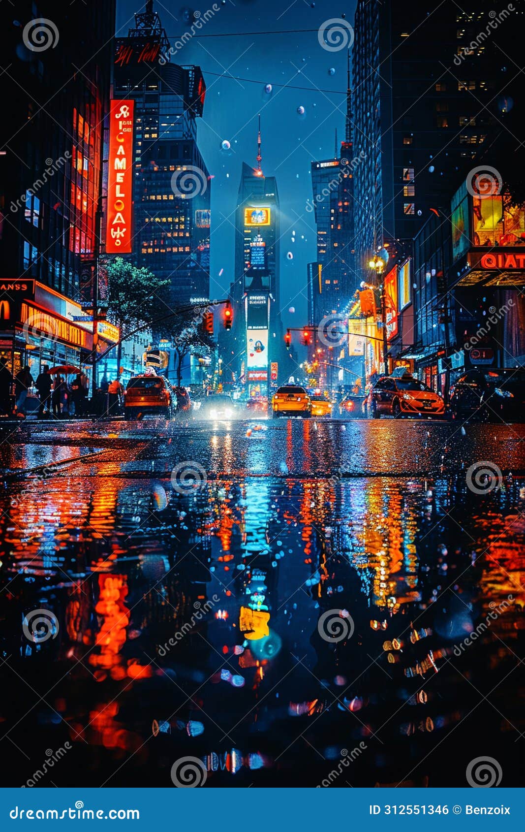 rain falling on a city street at night