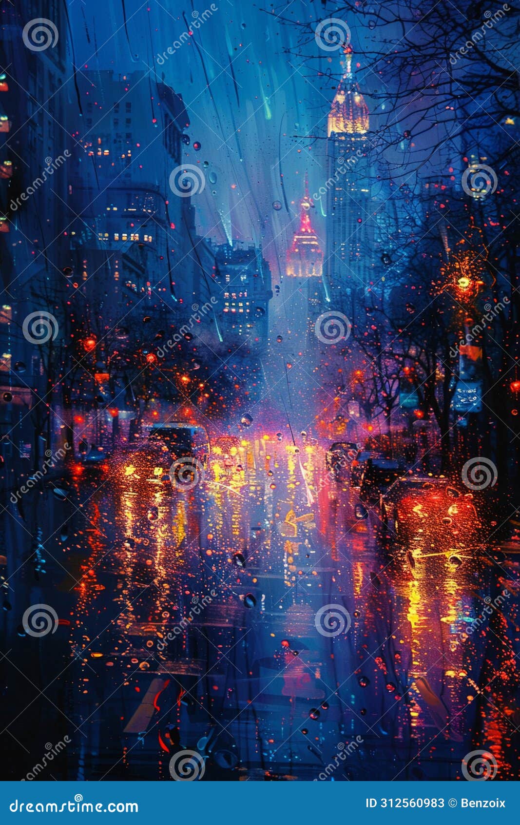 rain falling on a city street at night