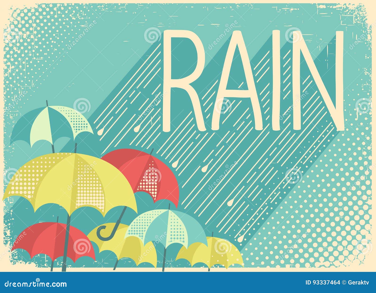 Rain Poster Background with Stylish Text and Umbrellas Stock Vector