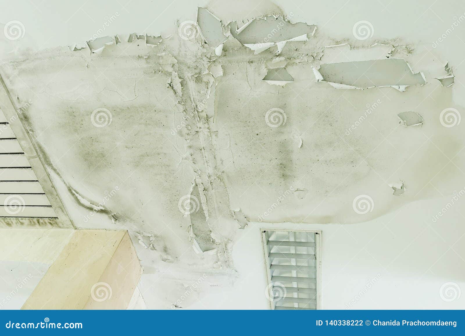 Rain Water Leaks On The Ceiling Causing Damage Tiles And Gypsum