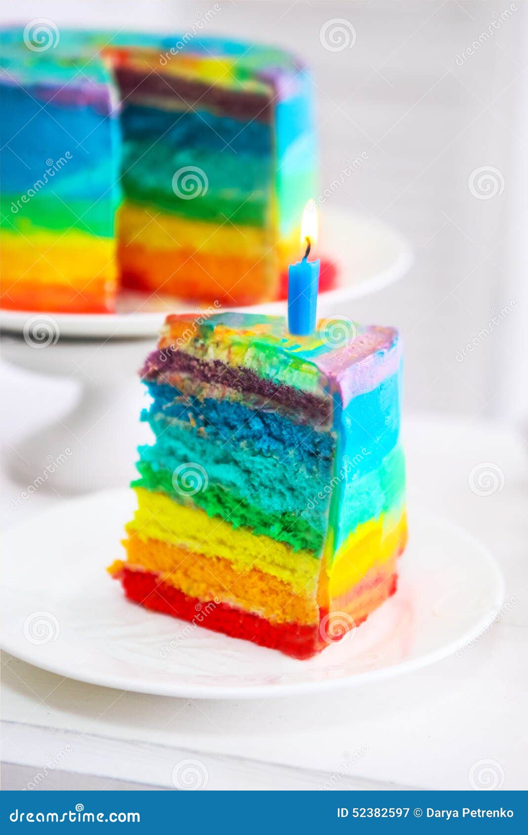 Rainbow Cake Decorated with Birthday Candle Stock Image Image of