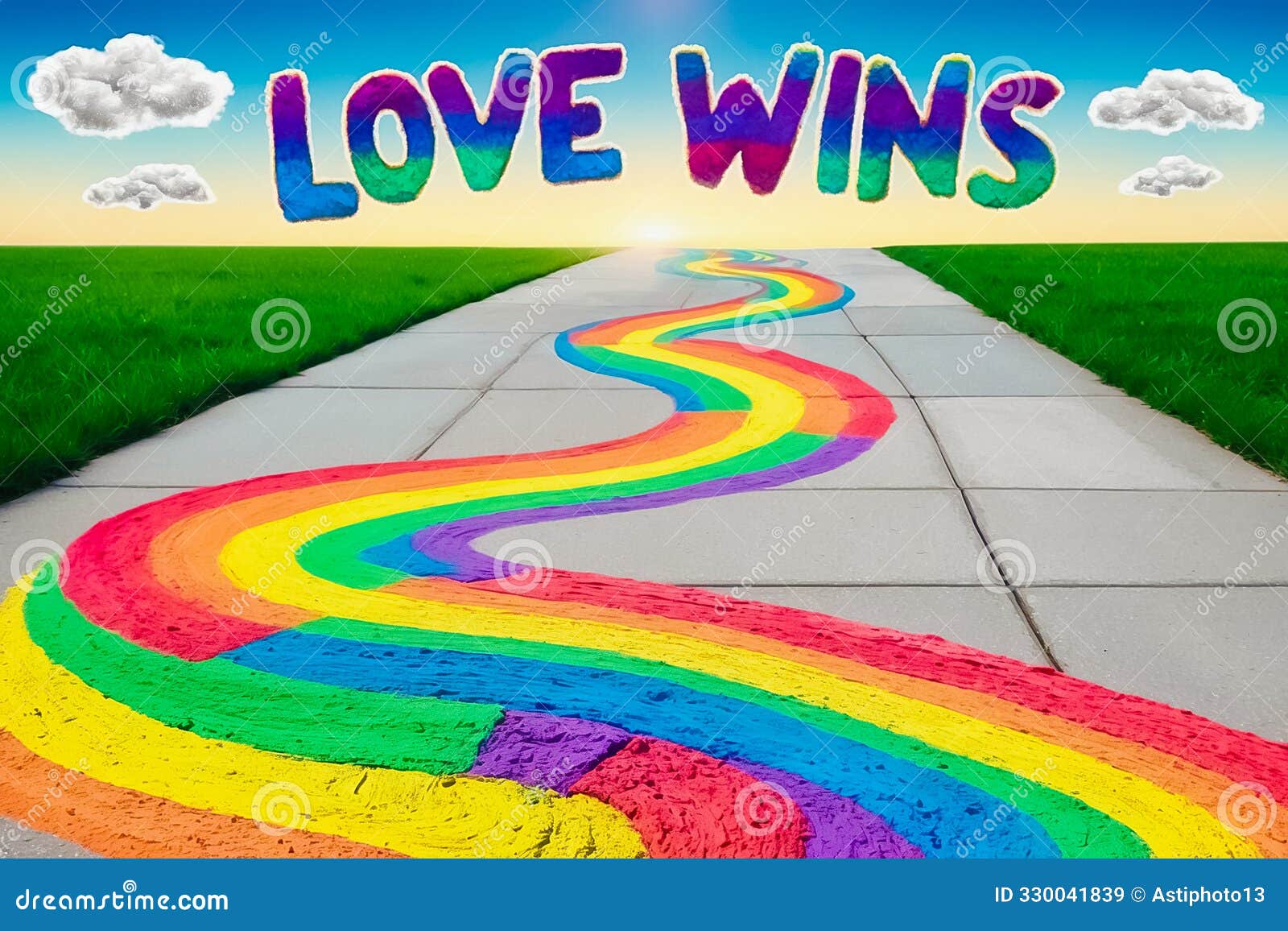 rainbow chalk path. the words love wins written in the sky with cloud-like letters. colorful, uplifting message of unity and