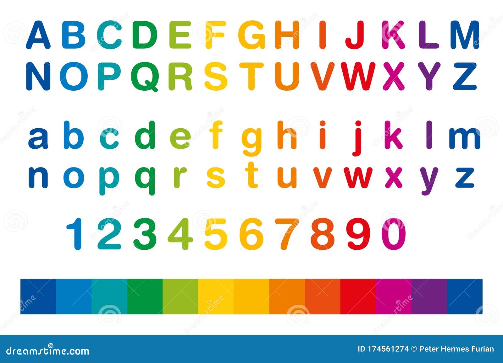 Rainbow Colored Alphabet and Numbers in a Row Stock Vector