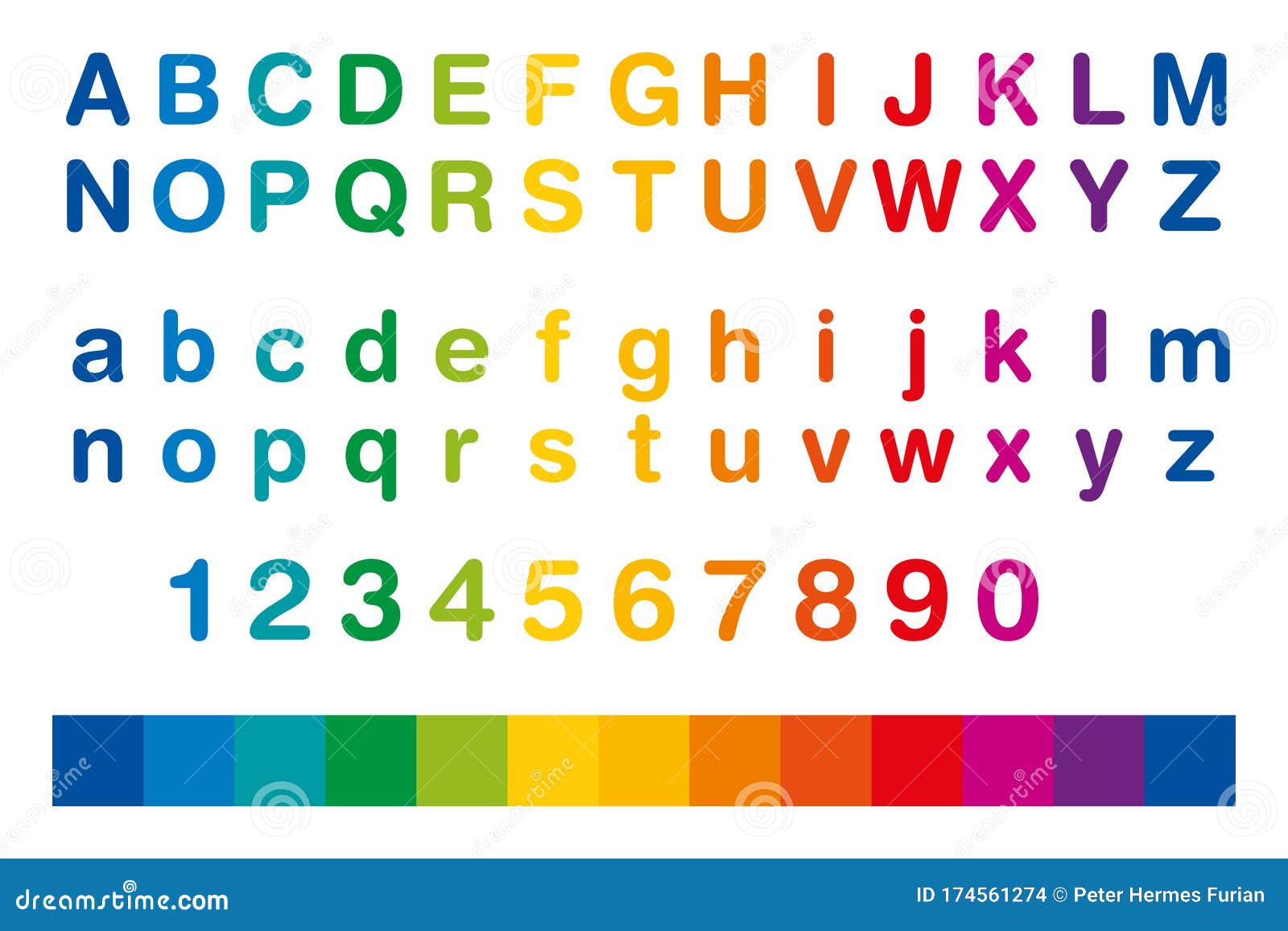 rainbow colored alphabet and numbers in a row