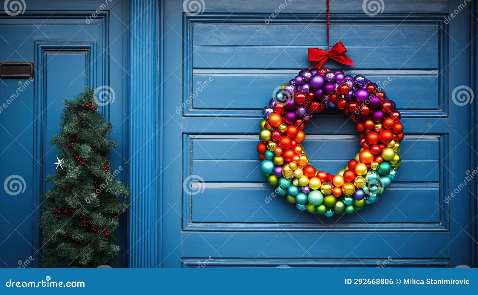 RainbowColored Christmas Door Wreath on Blue Door Stock Illustration