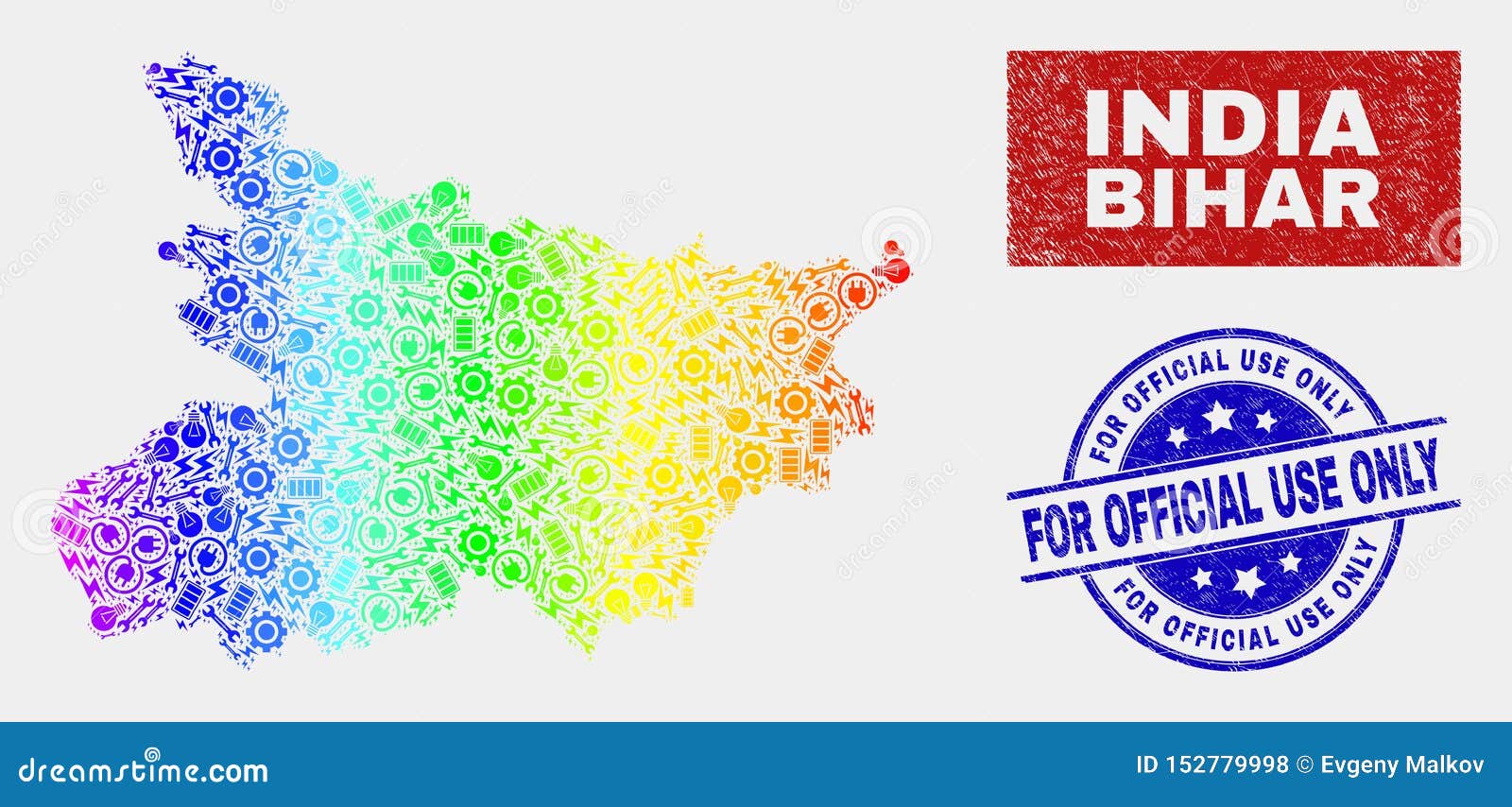 Rainbow Colored Component Bihar State Map and Grunge for Official Use